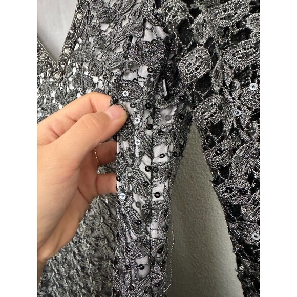 Sue Wong Nocturne Sheath Dress Long Sleeve Embellished Lined V-Neck Gray Women 6 - Picture 4 of 9